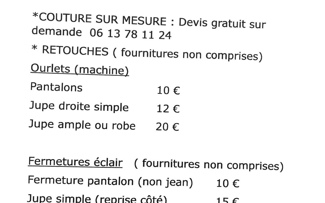 Tarifs Confection – Retouches